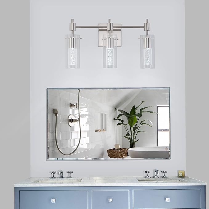 LED Vanity Lights - 24" Modern Bathroom Light Fixtures, 3-Light Brushed Nickel Vanity Light with Crystal Bubble & Clear Glass Shade, 24W Bathroom Lighting Fixtures Over Mirror