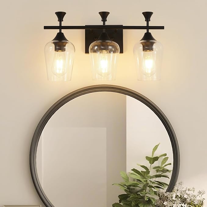 Bathroom Light Fixtures (3-Light, 19 Inch), Matte Black Vanity Lights for Bathroom with Clear Wine Glass Glass Shade, Modern Vanity Wall Lights for Mirror Bedroom Living Room Kitchen Hallway Porch