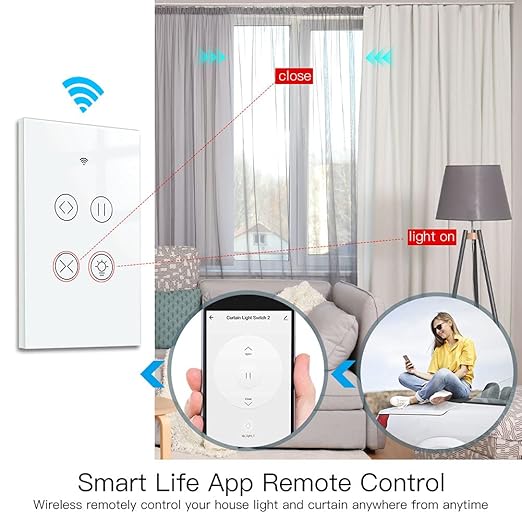 MOES 2.4GHz WiFi RF Smart Curtain Light Touch Switch Glass Panel Backlight ON/Off Wireless Remote Control with Tuya Smart Life App, Voice Control with Google Home Alexa, White