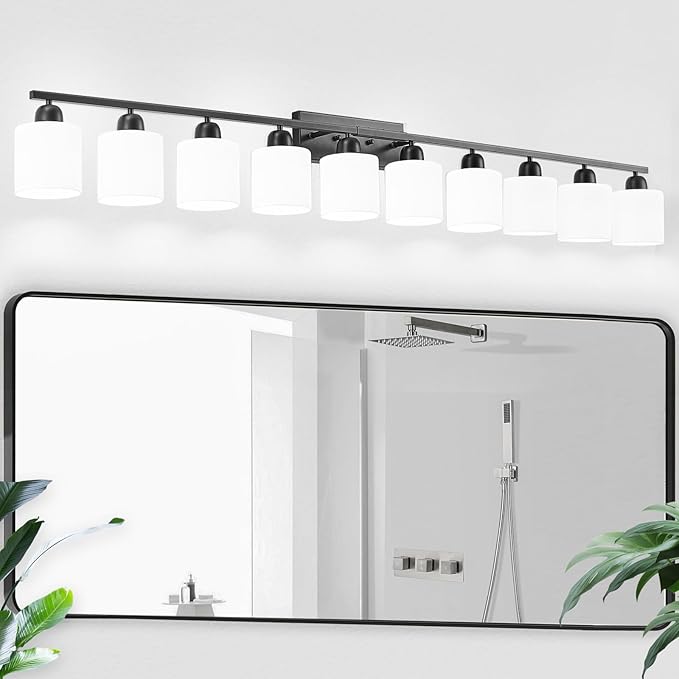 10 Light Black Vanity Lights for Giant Mirror, Bathroom Vanity Lights Over Mirror with Milky White Frosted Glass Shades,65 inch Bathroom Light Fixture for Mirrors, E26