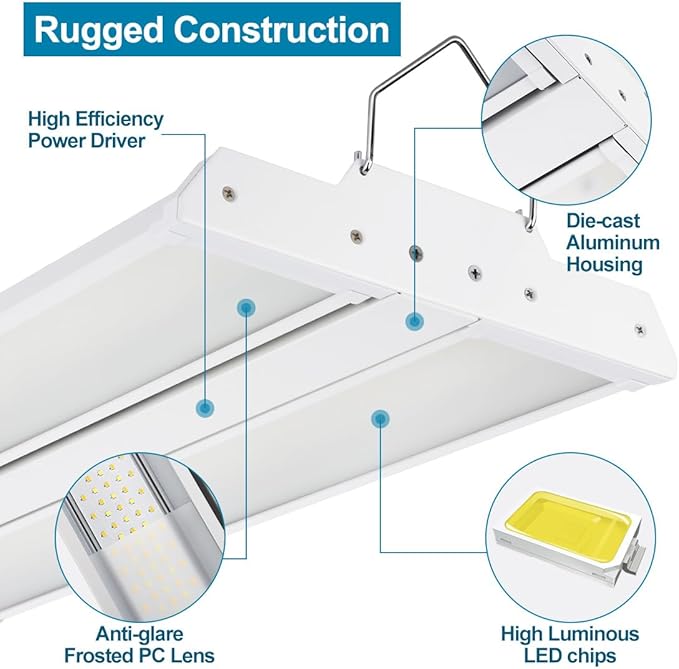 4-Pack High Bay LED Shop Lights 200W 2FT 28000LM, 200W/150W/100W Selectable, 4000K/5000K Adjustable, 100-277V, Linear High Bay Lights for Warehouse Workshop Supermarket Stadium, ETL Listed