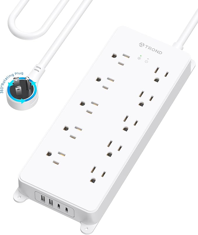 TROND 360° Rotating Plug Power Strip 10ft, Surge Protector with 2 USB A and 2 USB C, 10 Widely Spaced Outlets, 4000J, ETL Listed, Wall Mountable, for Home Office Entertainment, White