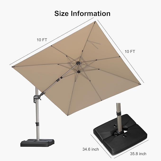 PURPLE LEAF 10' X 10' Left-right Tilting Patio Umbrella with Base Outdoor Swivel Cantilever Offset Aluminum Umbrella with Champagne Frame and 360-degree Rotation for Garden Deck Pool, Beige