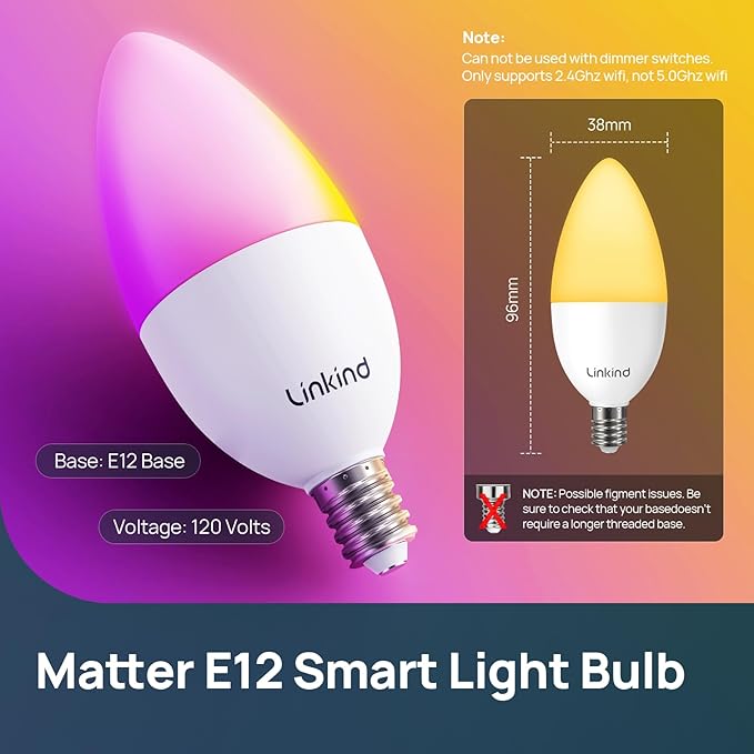 Linkind Matter Smart Bulbs, E12 Led Bulb Works with Alexa/Apple Home/Google Home, Smart Light Bulbs, WiFi Candelabra B11 Bulbs, RGBTW Color Changing Light Bulb, 2.4Ghz WiFi Bulb, 470 LM 4 Pack