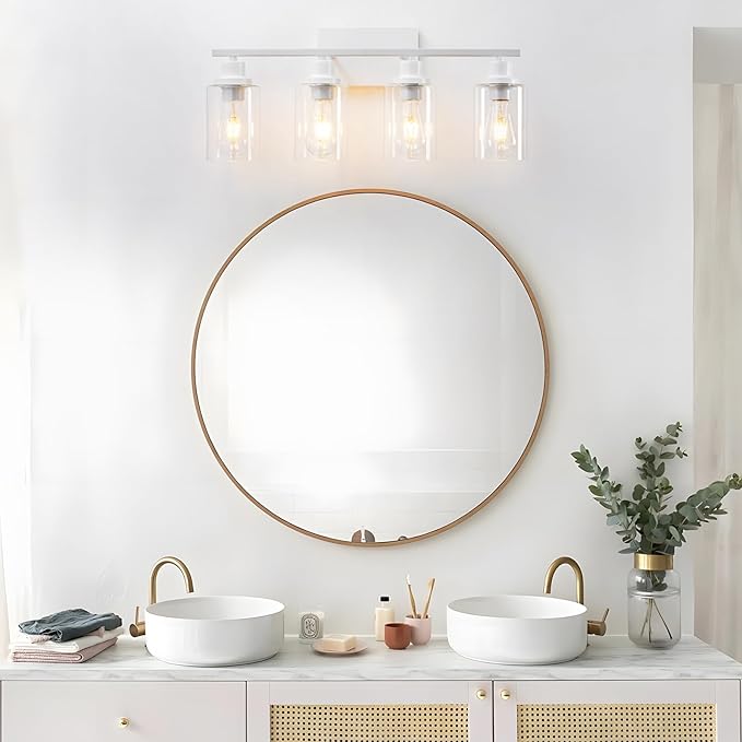 4 Light White Bathroom Light Fixtures Vanity Light Over Mirror Modern Wall Lighting Sconces Rustic Industrial Wall Lamp for Bathroom, Bedroom, Living Room E26 Socket with Glass Shade
