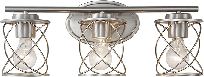 Mavcadonf Modern Vanity Lights with Cage Shade, 3 Lights Over Mirror, Brushed Nickel Bathroom Wall Lamp