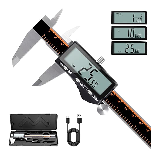 HARDELL Digital Caliper, Rechargeable Calipers with Large LCD Screen, Stainless Steel Caliper Measuring Tool, Auto-Off Micrometer, Inch/MM/Fraction for DIY/Household/3D-printing