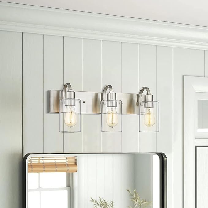 Emliviar 3-Light Vanity Light Fixture - Modern Bathroom Light Fixtures Over Mirror, Brushed Nickel Finish with Clear Glass, YCE237B-3W BN
