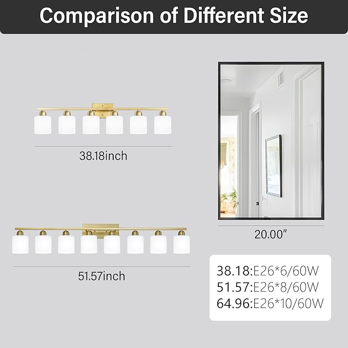 6 Light Gold Bathroom Vanity Light for Large Mirror, Gold Vanity Lights for Bathroom with Milky White Frosted Glass Shades, 38 inch Wall Lamp for Mirrors Living Room E26 Base