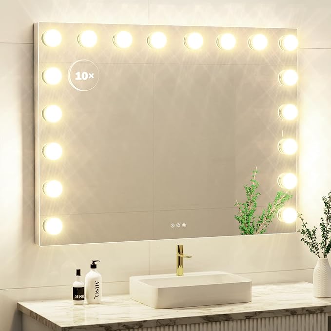 Vanity Mirror with Lights USB+Type-C Charging, 32WX24L Tabletop Hollyhood Makeup Mirror, Hollywood Lighted Mirror with 18 Dimmable LED Bulbs,3 Colors Modes,Touch Control, Gold