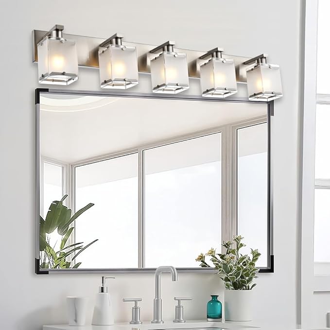 5-Lights Bathroom Vanity Light Fixtures, Modern Brushed Nickel Wall Sconce Lighting with Rectangular Frosted Glass Shades, E26 Bulb Base