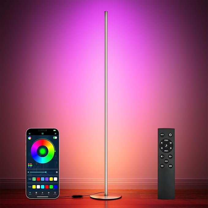 luckystyle Smart RGB Corner Floor Lamp,Bright LED Tall Modern Floor Lamp with APP and Remote,Ambient Lighting Color Changing Standing Lamps with Music Mode and Timing for Living Room,Bedroom Gray