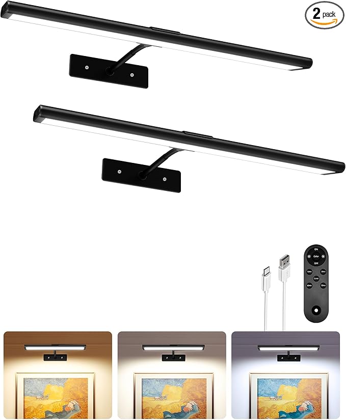 EZVALO Picture Light for Wall, 16'' Black Rechargeable 4800mAh Battery Lights Wireless Remote, Dimmable Magnetic LED Art Painting Light with 3 Color Temperatures, Display for Gallery, Living Room(2P)