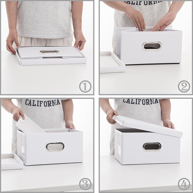 PRANDOM Collapsible Storage Box with Lid [3-Pack] Leather Fabric Foldable Storage Bin Organizer Container Basket Cube with Cover for Home Bedroom Closet Office Nursery White(13.6x9.6x6.9)