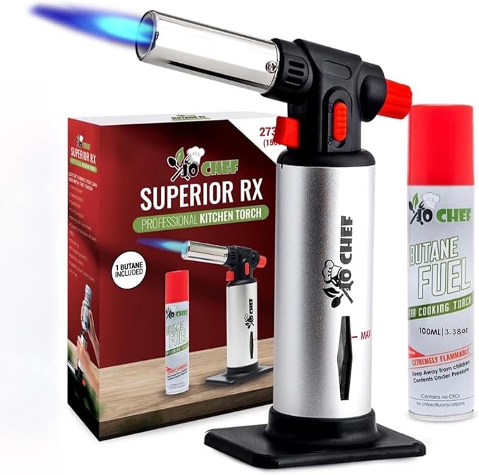Jo Chef Kitchen Torch with Butane Included – Refillable Lighter with Safety Lock & Adjustable Flame, Blow Culinary Torch for Cooking, BBQ, Creme Brulee, DIY and Soldering - 1 Can (3.38oz) Included