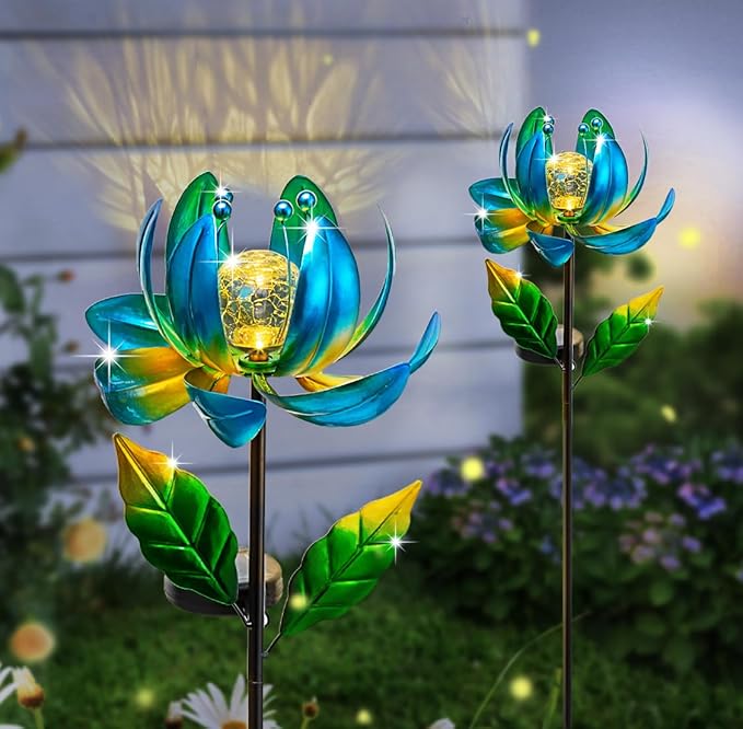Solar Yard Lights Wind Spinners- Metal Lotus Flower Garden Decor LED Crackle Glass Globe Yard Art Sculpture Solar Stake Lights for Patio Pathway Lawn Walkway
