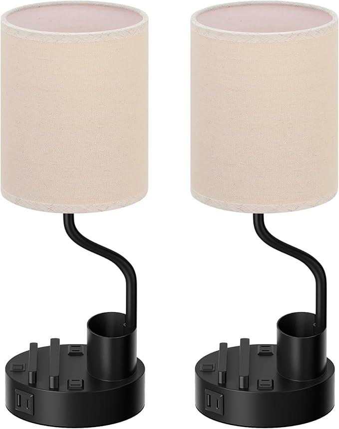 Bedside Table Lamps for Bedroom Set of 2 - Nightstand Light with AC Outlet and USB A & C for Charging, 3 Color Temperatures, Study Desk Lamp with Pen Holder & Phone Stand for Living Room/Dorm/Office