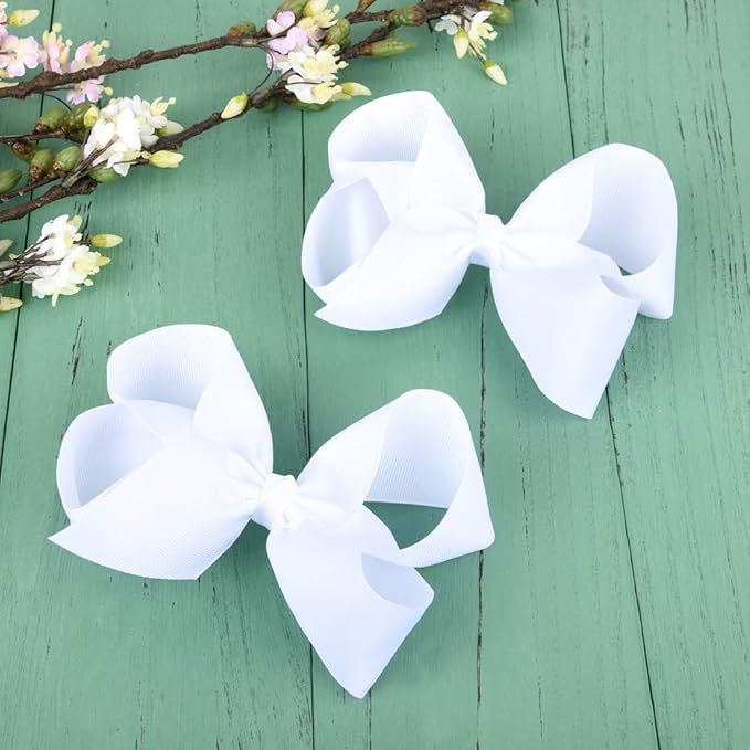 DEEKA 12 PCS 6" Big Hand-made Grosgrain Ribbon Hair Bow Alligator Clips Hair Accessories for Little Teen Toddler Girls - White