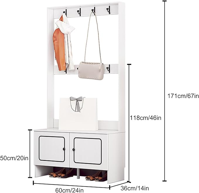 Modern Coat Rack Shoe Bench, 3 in 1 Multifunctional Entryway Organizer with Bench, Shoe Storage and Coat Rack, Entryway Organizer for Small Spaces(White,60cm/24in)
