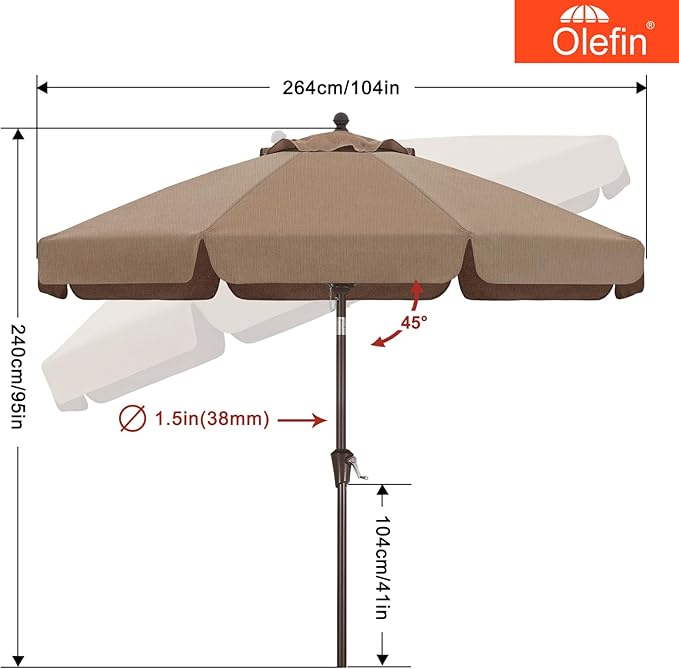 MASTERCANOPY 9ft Olefin Valance Patio Umbrella with Tilt Crank, 5-Year-Non-Fading Canopy & 8 Fiberglass Ribs for Deck, Patio, and Garden, Coffee & Orange Multi-Stripes