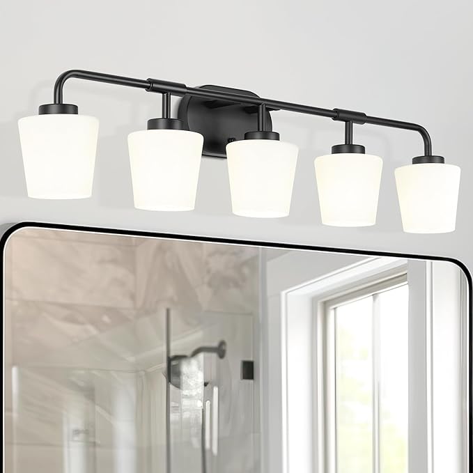 Bathroom Light Fixtures Over Mirror, 5-Light Matte Black Vanity Lighting Fixtures with Milk White Glass, 38inch Farmhouse Wall Sconces Lighting, AD-22004-5W-BK