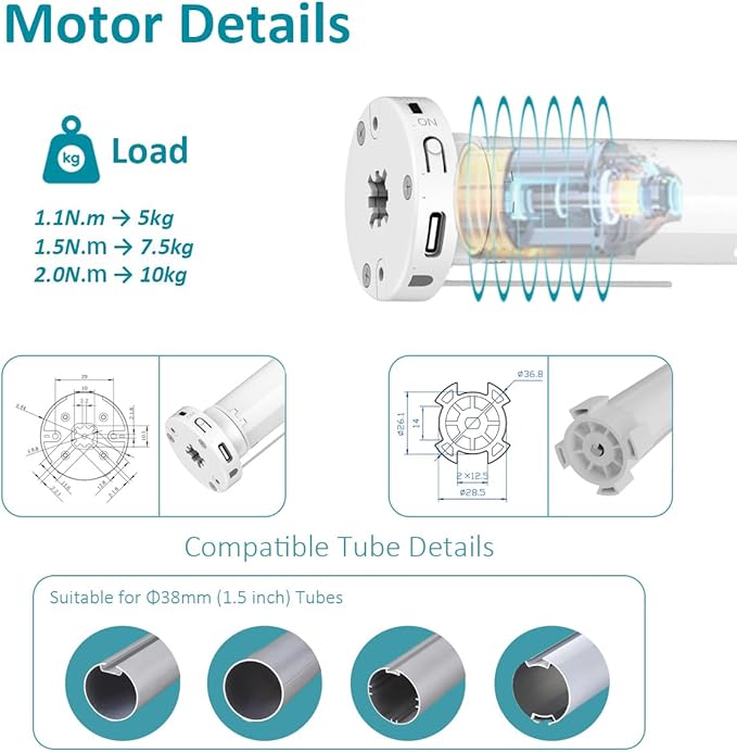 Solar Powered Motorized Roller Shade Kit for 1.5" Tube (38mm) | Rechargeable Electric Blind Motor with Remote | Wireless DIY Retrofit Driver | 2600mAh Battery (2.0 N.m Torque)
