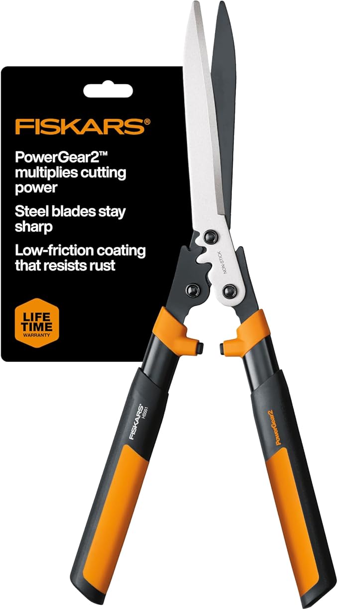 Fiskars 23-Inch Hedge Shears, Bush Trimmer with PowerGear2 Technology that Multiplies Power for Less Effort, SoftGrip Handles with Shock-Absorbing Bumpers