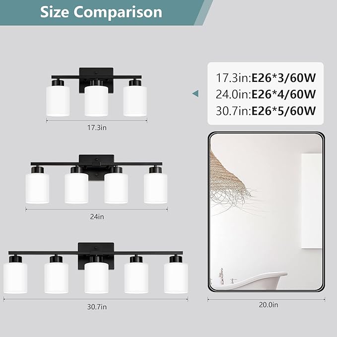 Black Bathroom Light Fixtures, 5-Light Modern Vanity Lights with Milky White Frosted Glass Shades, Wall Sconces for Mirror, Bathroom, Restroom (E26 Socket)