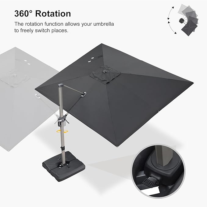 PURPLE LEAF 9' x 11' Patio Umbrella with Base Cantilever Umbrella Rectangular Outdoor Offset Umbrella with Champagne Frame and 360° Rotation for Garden Deck Pool, Black