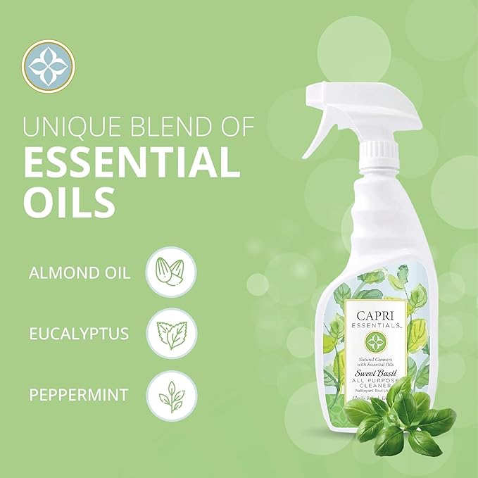 CAPRI ESSENTIALS All Purpose Cleaner, Natural Household Cleaning Supplies, Plant Based Kitchen Counter Surface Spray, Removes Dirt & Grime, Blend of Essential Oils, Sweet Basil 23 FL Oz (6 Pack)