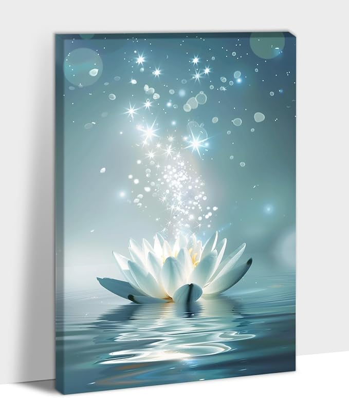 Zen White Lotus Flower Canvas Wall Art, Lotus Floral Pictures Wall Print, Spiritual Water Lily Canvas Prints, Lotus Bloom on Water Poster, Zen Meditation Spiritual Artwork for Yoga Spa Room 32x48 inch