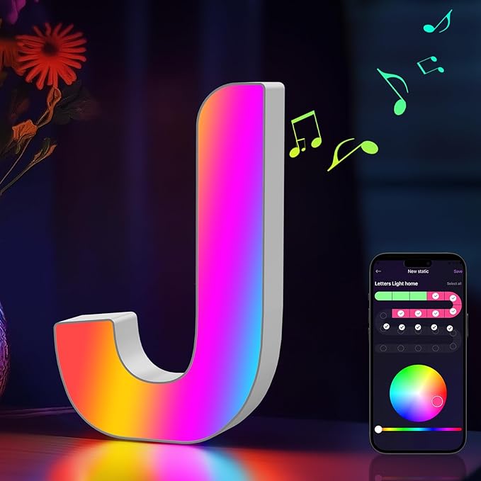Light Up Letters Marquee Letter - Music Sync RGB Color Changing LED Lights Letter Logo Game Lights for Girls Women Party Birthday Christmas Valentine's Day Wall Desktop Decoration (MRGB-J)