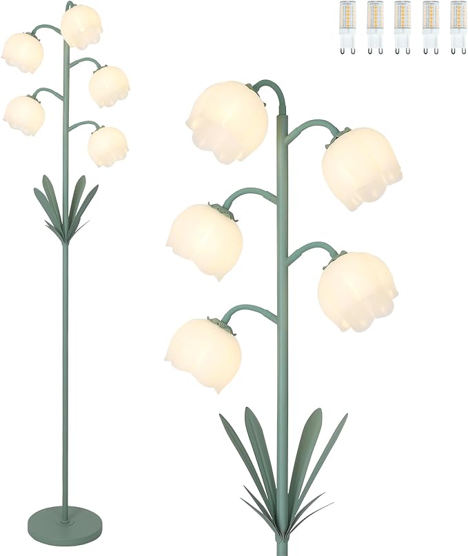 5-Lights Flower Floor Lamp with LED Blubs, Green Modern Floor Lamps for Living Room, Adjustable Standing Lamps for Bedroom Reading, Corner Tall Lamp Tree Stand Up Lamp for Office Home Decor