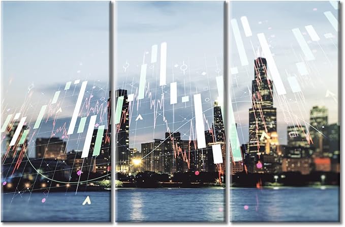 TUMOVO Office Decor Abstract Virtual Financial Graph Hologram Paintings Wall Decor for Living Room 3 Piece Chicago Skyline Background Pictures Print on Canvas Framed Ready to Hang (60" Wx40 H)
