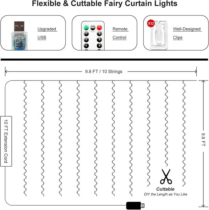 300 LED Fairy Curtain Lights, 9.8 x 9.8FT Green USB Plug in 8 Modes Hanging Lights with Remote for Christmas, Bedroom, Indoor, Outdoor, Weddings, Party (Green)