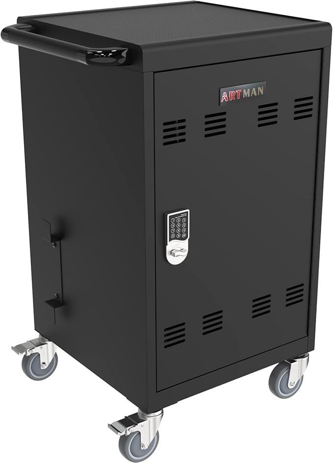 30-Device Mobile Charging Cart with Power Strip, Locks, Cable Management, Up to 16.3" Safe Charging Cabinet for Chromebooks, Tablets, Laptops. Black with Code Lock