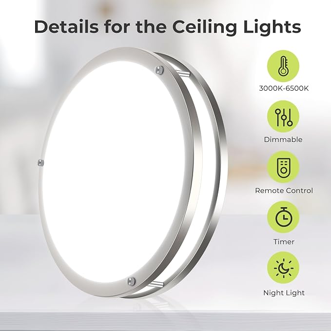 hepside LED Ceiling Light with Remote, 3000K-6500K Adjustable& Dimmable Flush Mount Ceiling Light Fixture, Timer, Night light, 10 inch Brushed Nickel Ceiling Light for Kitchen Bathroom Bedroom Hallway