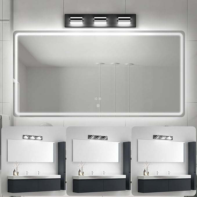 Ralbay LED Modern Bathroom Vanity Lights Black 3-Light 24inch Matte Black Modern Acrylic Bathroom Wall Lighting Fixtures Over Mirror