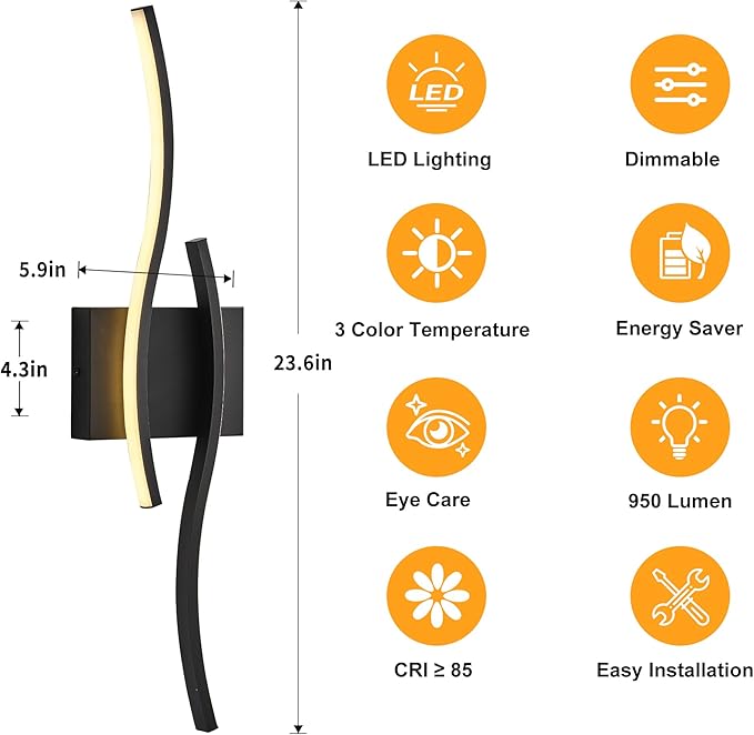 KARTOOSH 2 Pack Bathroom Vanity Lights Fixtures Over Mirror Hardwired Black Light Fixture Wall Lights 3CCT Dimmable LED Bathroom Light Fixtures 23.6 Inch Modern Wall Sconce Picture Lights for Wall