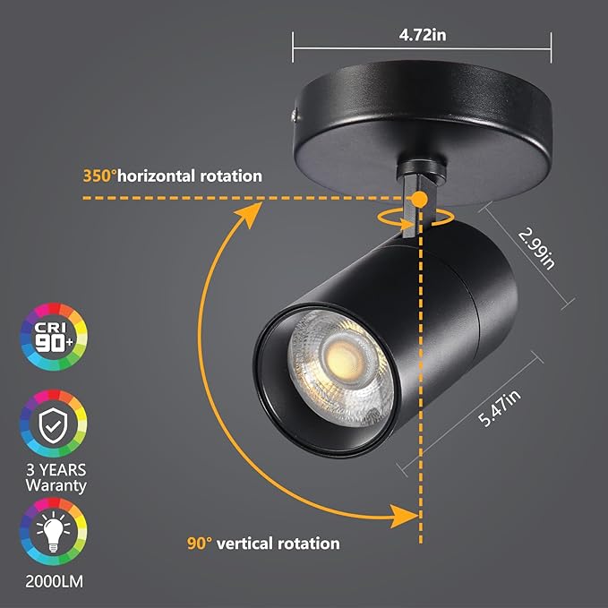VANoopee 3-Color Dimmable Ceiling Spotlight Flush Mount Adjustable Spotlight Directional LED Spot Lights Indoor Bright Accent Fixture for Living Room Bedroom - CRI90 36° Flicker Free 20W 2000lm Black
