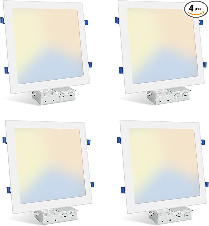HONZIN 4 Pack 12 Inch Square Recessed Lighting, 5CCT Ultra-Thin LED Downlight, 2700K/3000K/3500K/4000K/5000K Selectable, Dimmable, 24W, IC Rated Canless Ceiling Lights with Junction Box, White Trim