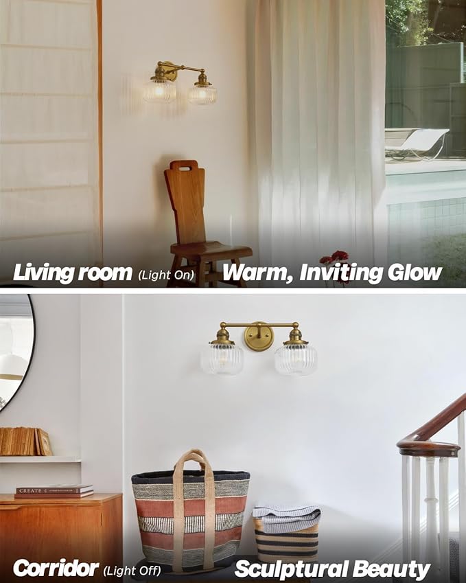 Double Vintage Wall Sconces 2-Lights Brass Gold Bathroom Vanity Light with Clear Striped Glass Shade Indoor Hardwire Wall Sconce Lighting for Bathroom Living Room Bedroom Kitchen