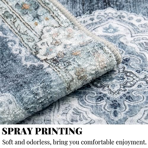 MUJOO Hallway Runner Rug Machine Washable Runner Rugs Non Slip Boho Blue Grey Runner Rug for Hallways Entryway Kitchen Bathroom Bedside Retro Soft Low-Pile 2'x6' Blossom - color: Blue Grey, size: 2' x 6' (Rectangular)