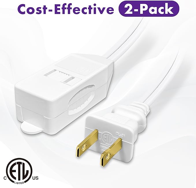 POWERCORDS [ETL Certified] 2-Pack 16 AWG 2 Prong Extension Cord, 13A 3-Outlet Indoor Extension Cord with Tamper Guard, 13 Amp, 1625 Watts, White, Available Lengths 3FT, 6FT, 10FT, 15FT (3 Feet)