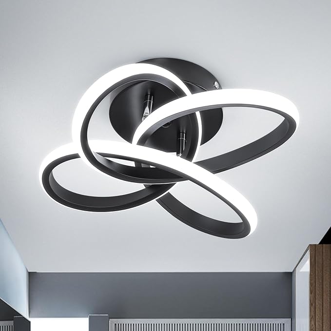 CANEOE Modern Led Ceiling Light Fixture, 6000K Small Hallway Ceiling Light, Black Close to Ceiling Lights for Hallway Bedroom Bathroom Entryway Balcony Stair Curved Design Ceiling Lamp