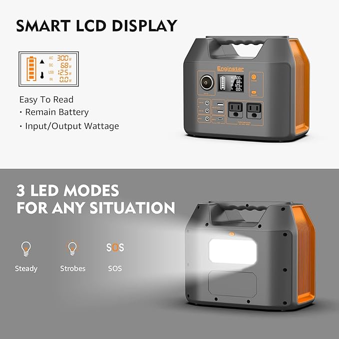 Enginstar Solar Generator, 296Wh Portable Power Station, 110V Pure Sine Wave, 80000mAh Backup Battery Power Supply for CPAP Outdoor Camping, Traveling, and Emergencies