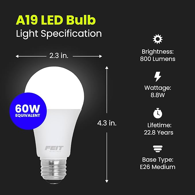 Feit Electric A19 LED Light Bulb, 60W Equivalent, Dimmable, 800 Lumens, E26 Medium Base, 5000K Daylight, CRI 90, 25,000 Hour Lifetime, UL Listed, Damp Rated, 4 Pack, OM60DM/950CA/4