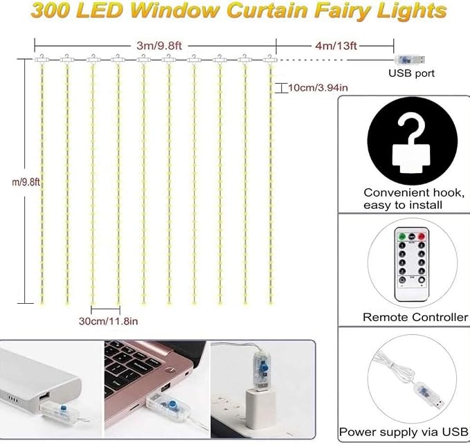 Meliven 300 LED Curtain Lights 9.8Ftx9.8Ft, 8 Modes Fairy Lights Curtain with Remote, Timer, Dimmable, USB Powerd, Warm White Backdrop Light for Wedding, Party, Home, Bedroom Decorations