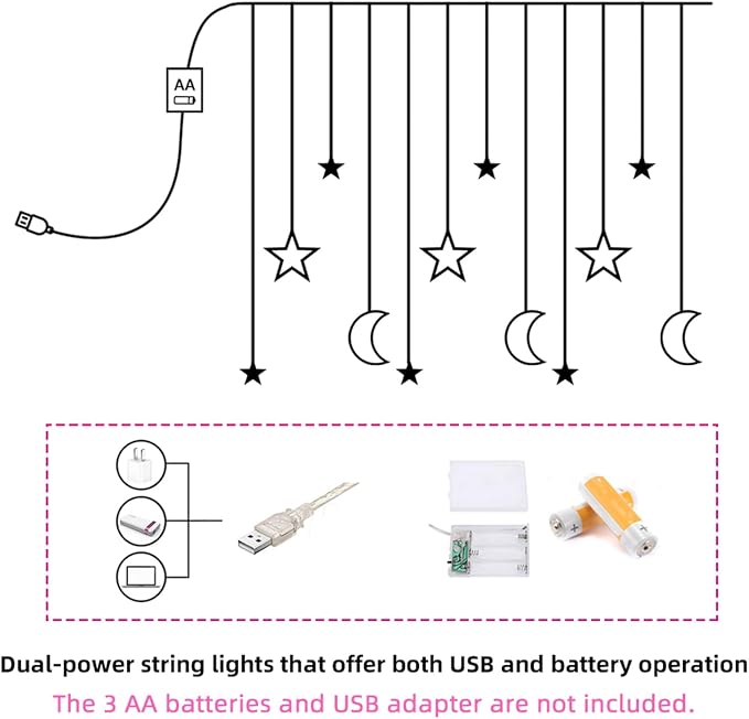 Moon and Stars Decor Curtain Lights, 11.5ft String Lights for Bedroom, Christmas, Ramadan Decor, Indoor LED Fairy Twinkle Light, Battery Operated or USB Plug-in