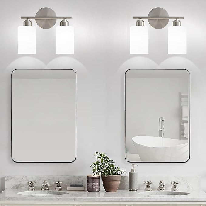 Brushed Nickel Wall Sconces Set of Two, 2-Light Modern Bathroom Light Fixtures, Wall Lamp with Milky White Frosted Glass Shades for Bathroom, Mirror, Bedroom, E26.